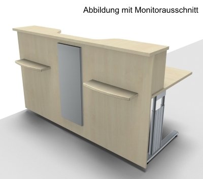 Empfangstheke Solid 180 cm Ahorn mit Designblende Abbildung mit Monitorausschnitt