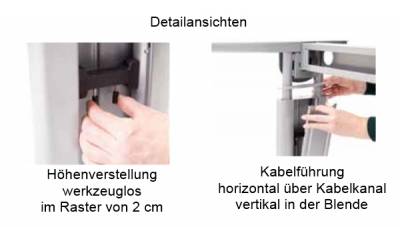 Detailansichten Schreibtisch Unna Höhenverstellung und Kabelführung