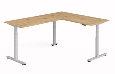 Winkelschreibtisch DSM 180x240 cm elektrisch höhenverstellbar Silber-Asteiche