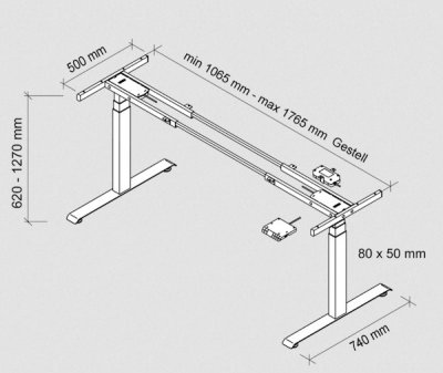 Elektrisch höhenverstellbares Schreibtischgestell mit teleskopierbarer Breite Maße